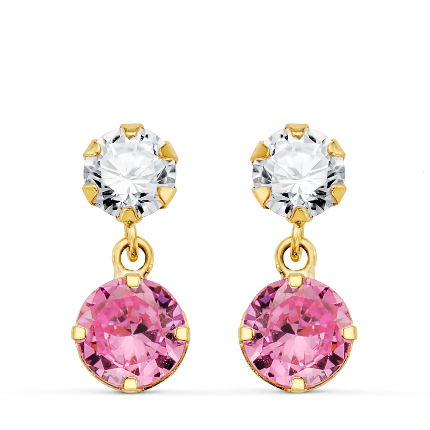 18K PENDIENTES ORO AMARILLO DOS CUERPOS CON CIRCONITA Y PIEDRA ROSA REDONDA 15 X 6MM. CIERRE PRESION