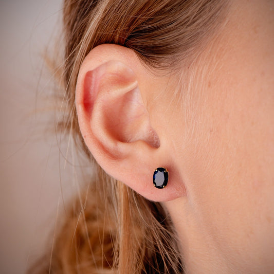 18K PENDIENTES ORO AMARILLO OVAL PIEDRA AZUL 7 X 5 MM. CIERRE PRESION