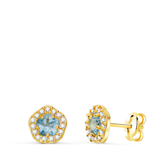 18K PENDIENTES ORO AMARILLO FLOR CIRCONITA Y AGUA MARINA 7 X 6,5 MM. CIERRE PRESION