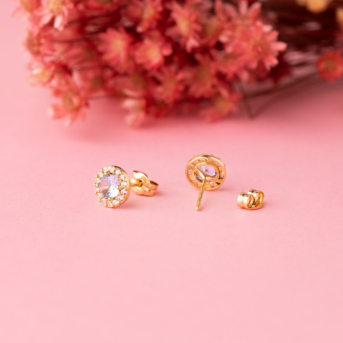 18K PENDIENTES ORO AMARILLO REDONDOS CIRCONITA Y AGUA MARINA 6,5 MM. CIERRE PRESION