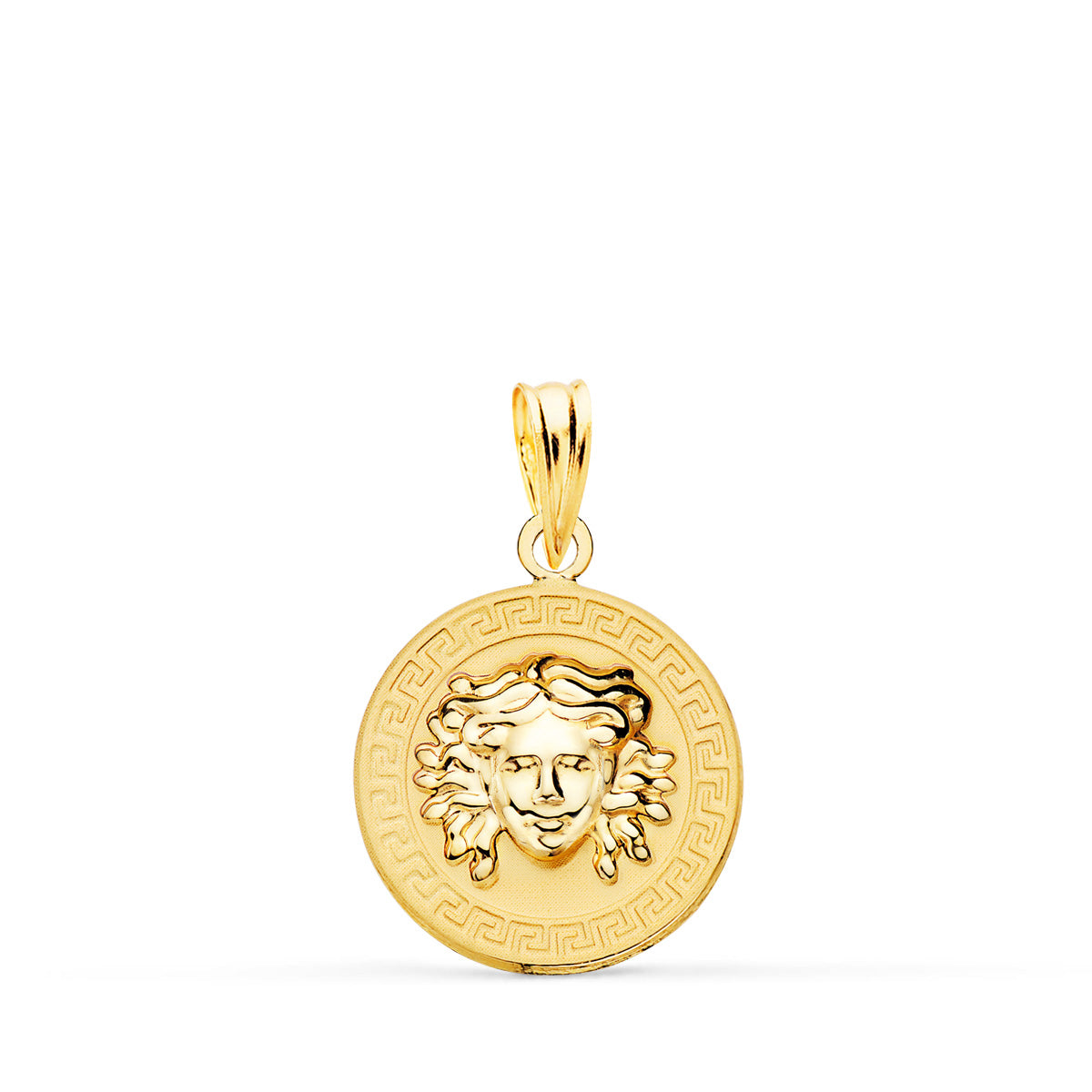 18K MEDALLA ORO AMARILLO MEDUSA EN BRILLO CON BORDE DE GRECA MATIZADA 15 MM