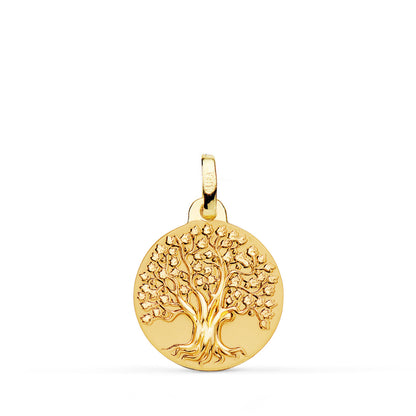 18K MEDALLA ORO AMARILLO ARBOL DE LA VIDA MATIZADA y BRILLO 16 MM