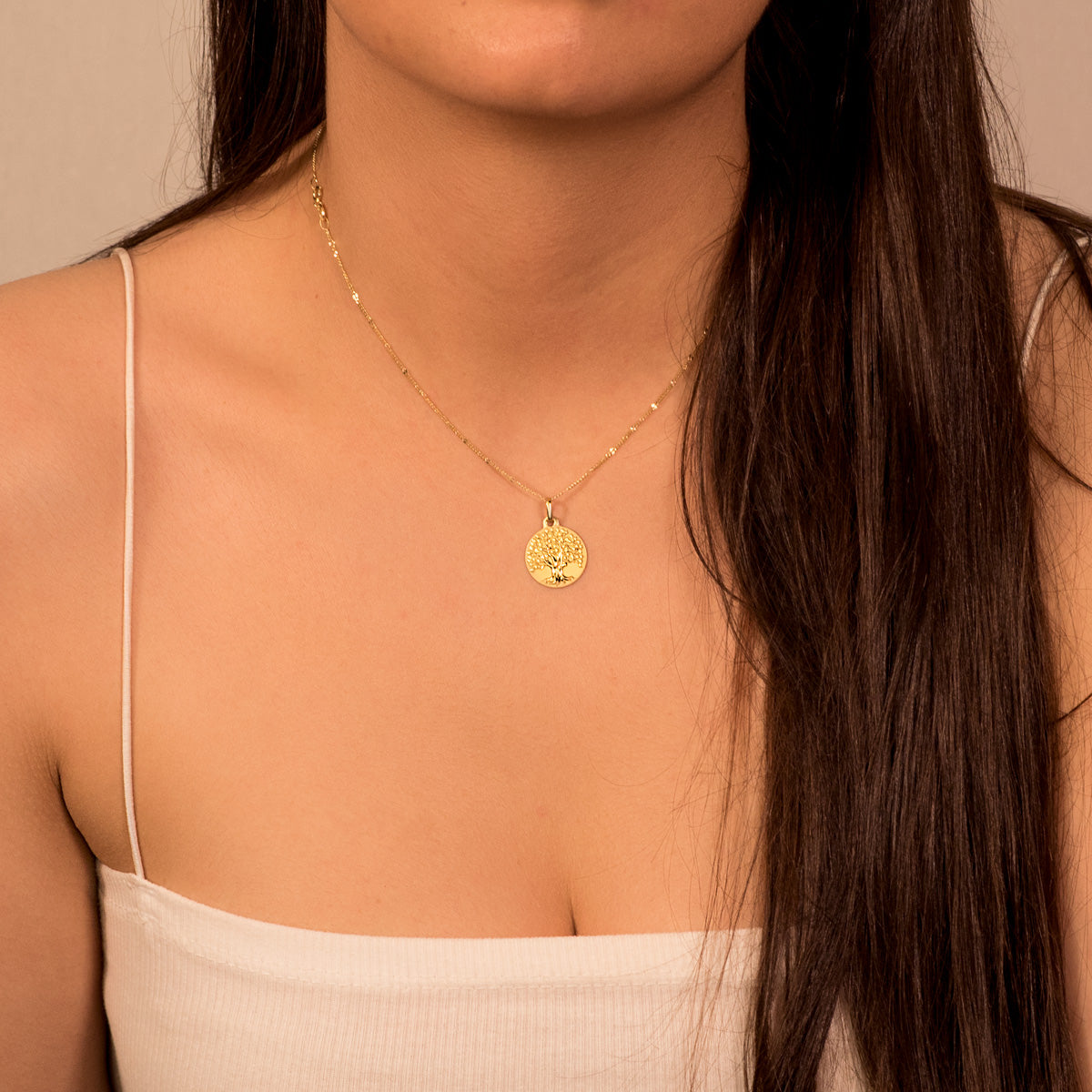 18K MEDALLA ORO AMARILLO ARBOL DE LA VIDA MATIZADA y BRILLO 16 MM