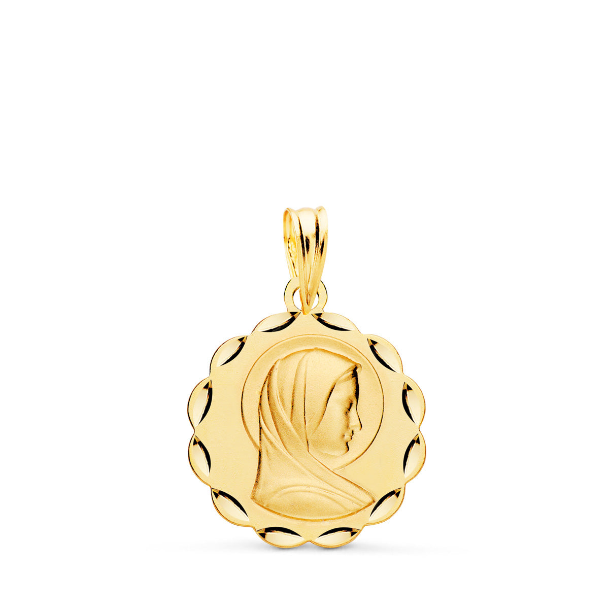 9K MEDALLA ORO AMARILLO VIRGEN MARIA MATIZADA Y TALLADA 17 MM
