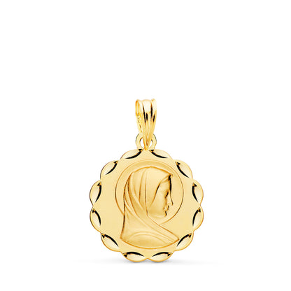 9K MEDALLA ORO AMARILLO VIRGEN MARIA MATIZADA Y TALLADA 17 MM