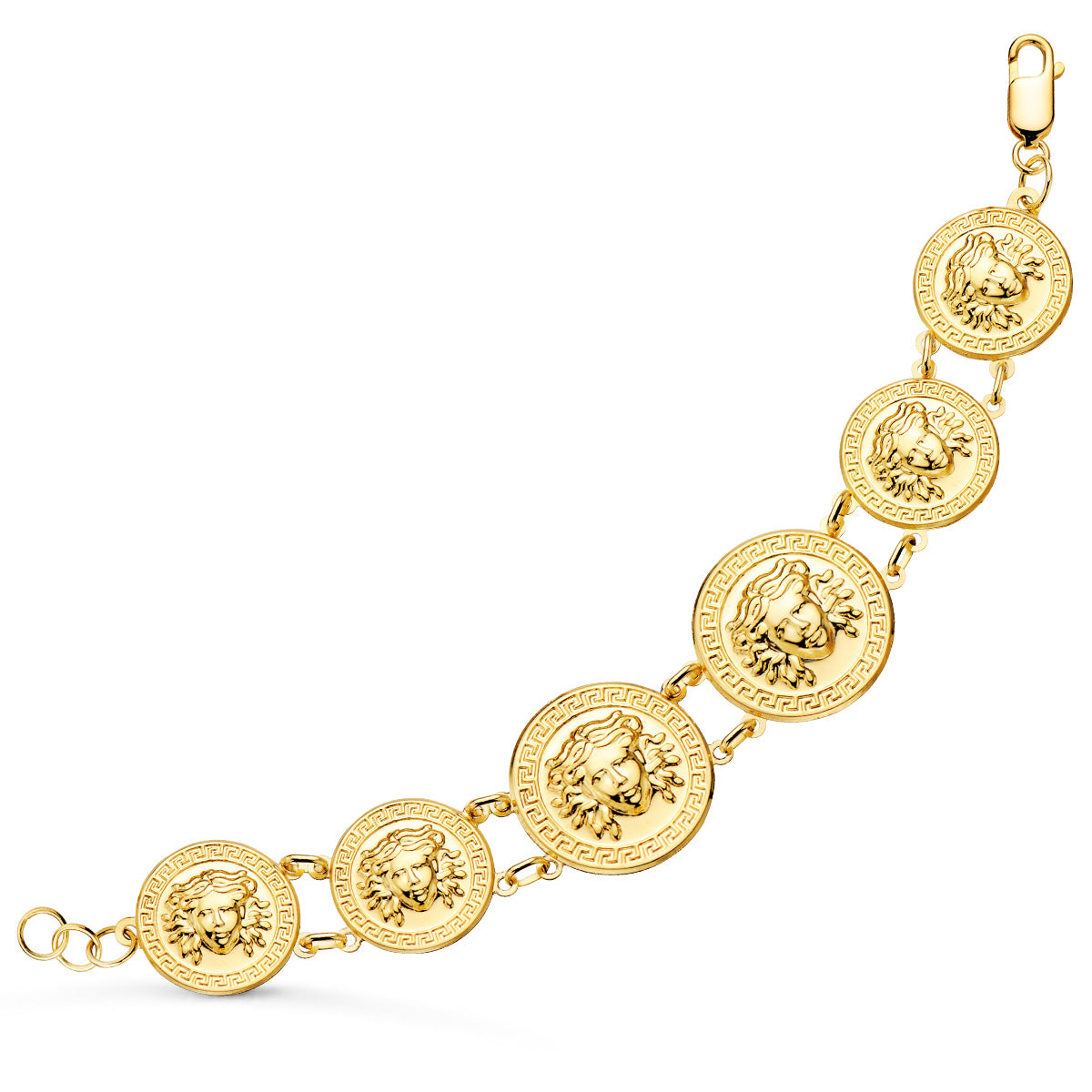 18K PULSERA ORO AMARILLO CON MEDUSAS DE 25 Y 20 MM EN BRILLO LARGO 20.5 CM