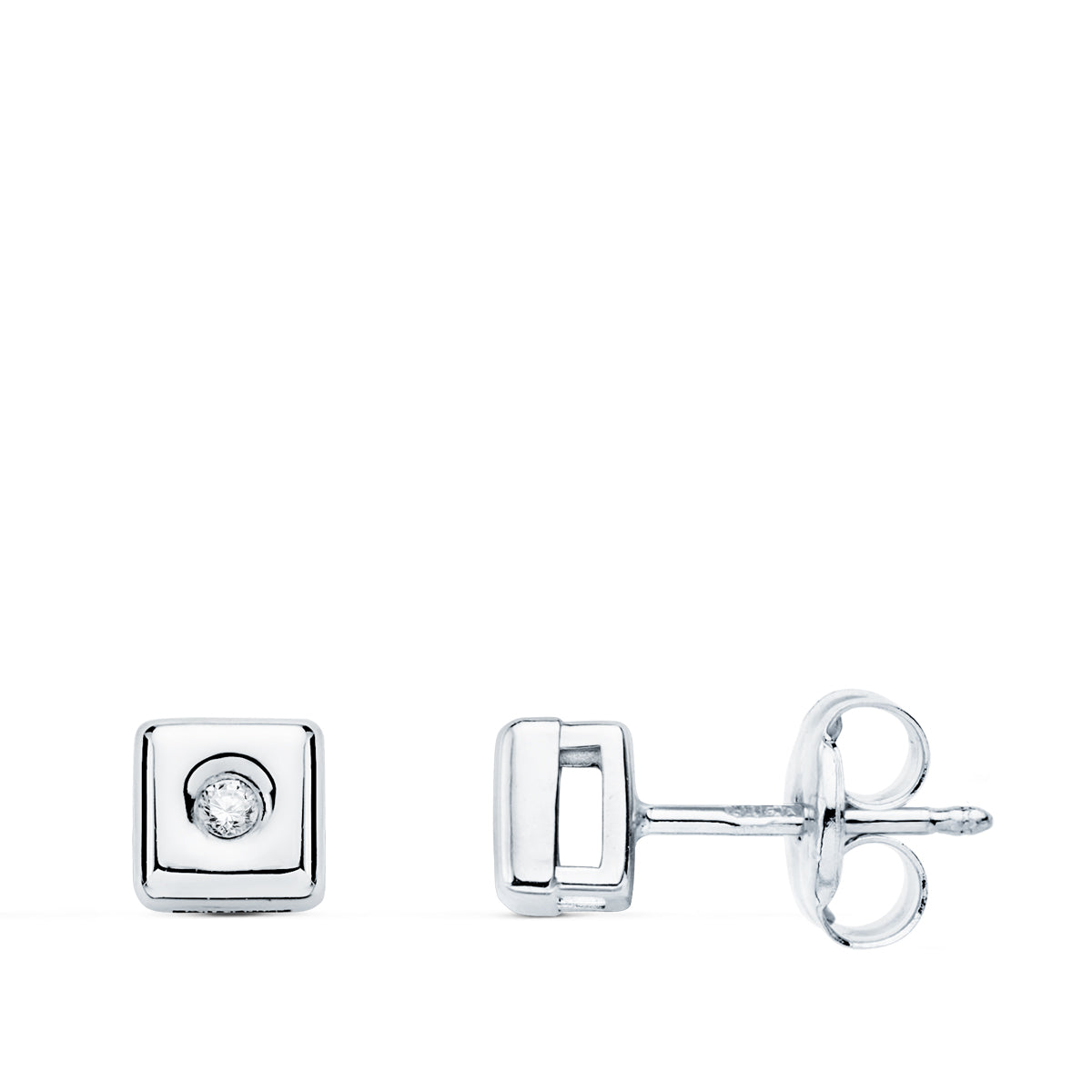 18K PENDIENTES CHATON ORO BLANCO CUADRADO DIAMANTES LABORATORIO 0,030 QTS. G-VS2 CIERRE PRESION 5 MM
