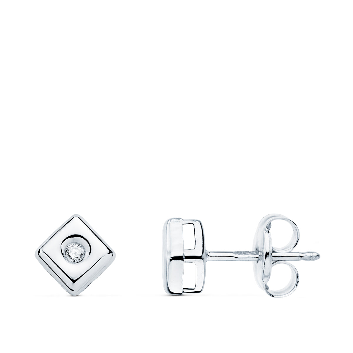 18K PENDIENTES CHATON ORO BLANCO CUADRADO DIAMANTES LABORATORIO 0,030 QTS. G-VS2 CIERRE PRESION 5 MM
