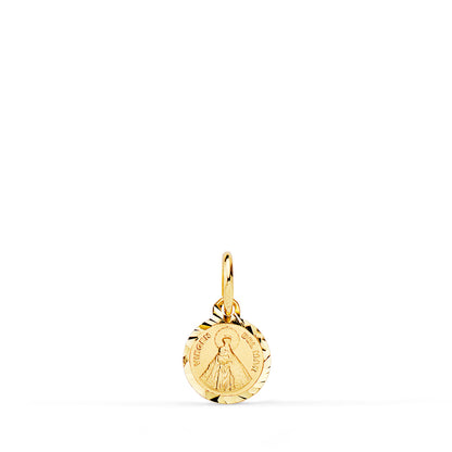 18K MEDALLA ORO AMARILLO MINI LENTEJA VIRGEN DEL MAR BORDES TALLADOS 8 MM