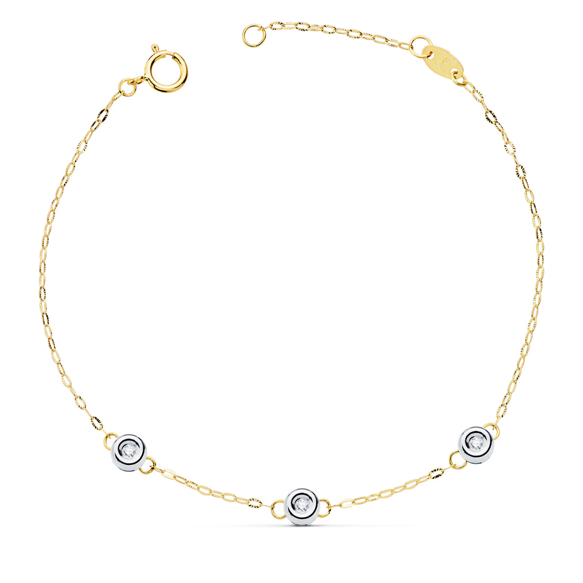 18K PULSERA BICOLOR CADENA FORZADA 3 DIAMANTES LABORATORIO 0,045 QTS. G-VS2. LARGO: 19 CM