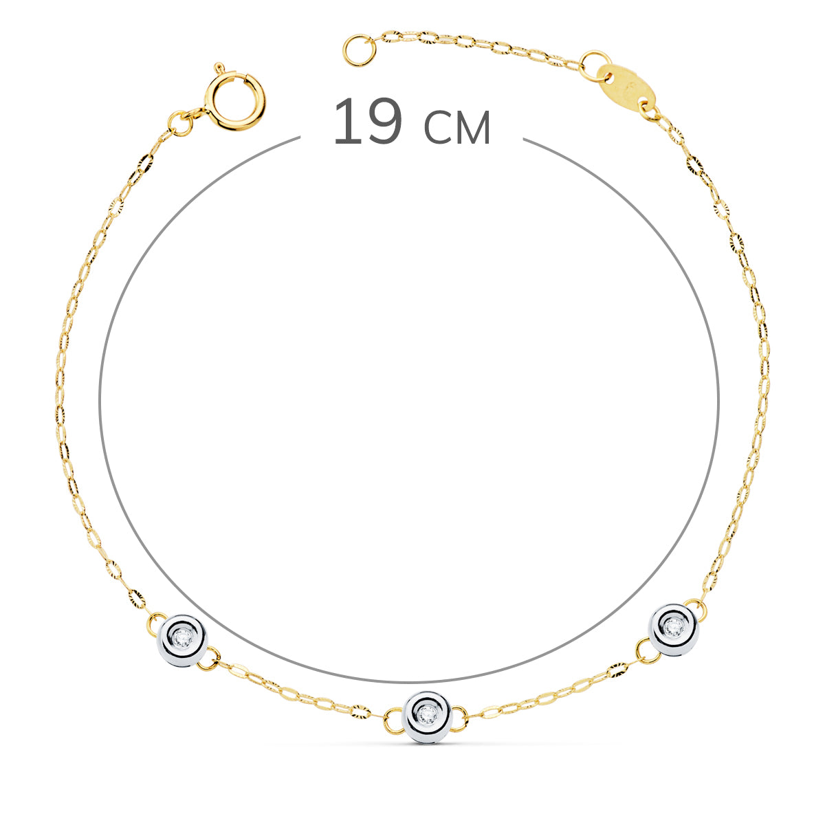18K PULSERA BICOLOR CADENA FORZADA 3 DIAMANTES LABORATORIO 0,045 QTS. G-VS2. LARGO: 19 CM