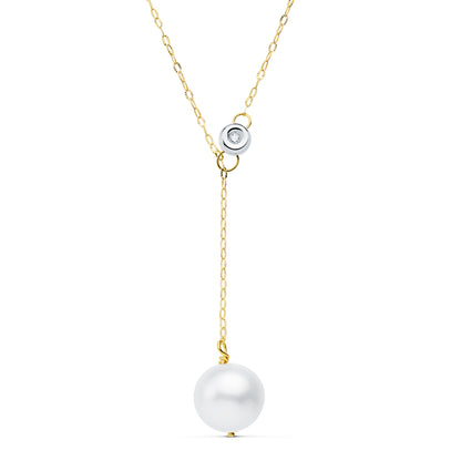 18K COLLAR ORO BICOLOR PERLA 12 MM CADENA 45CM CHATON 5MM. DIAMANTE LABORATORIO 0,020 QTS G-VS2. PERLA 11MM