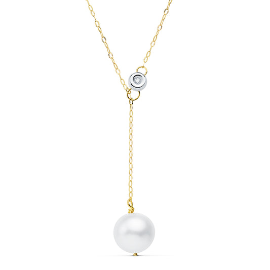 18K COLLAR ORO BICOLOR PERLA 12 MM CADENA 45CM CHATON 5MM. DIAMANTE LABORATORIO 0,020 QTS G-VS2. PERLA 11MM