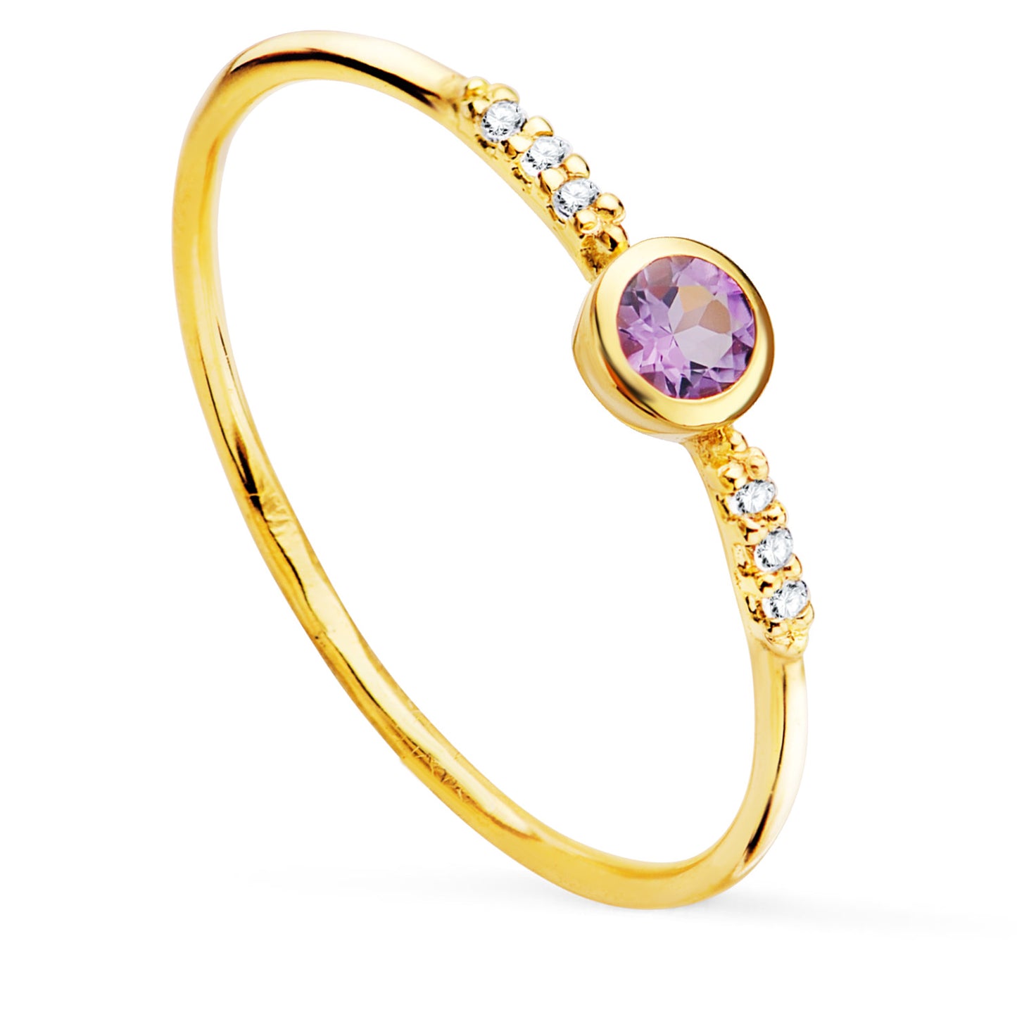 18K SORTIJA ORO AMARILLO 6 DIAMANTES 0.030 QTS. G-VS2. AMATISTA 3 MM