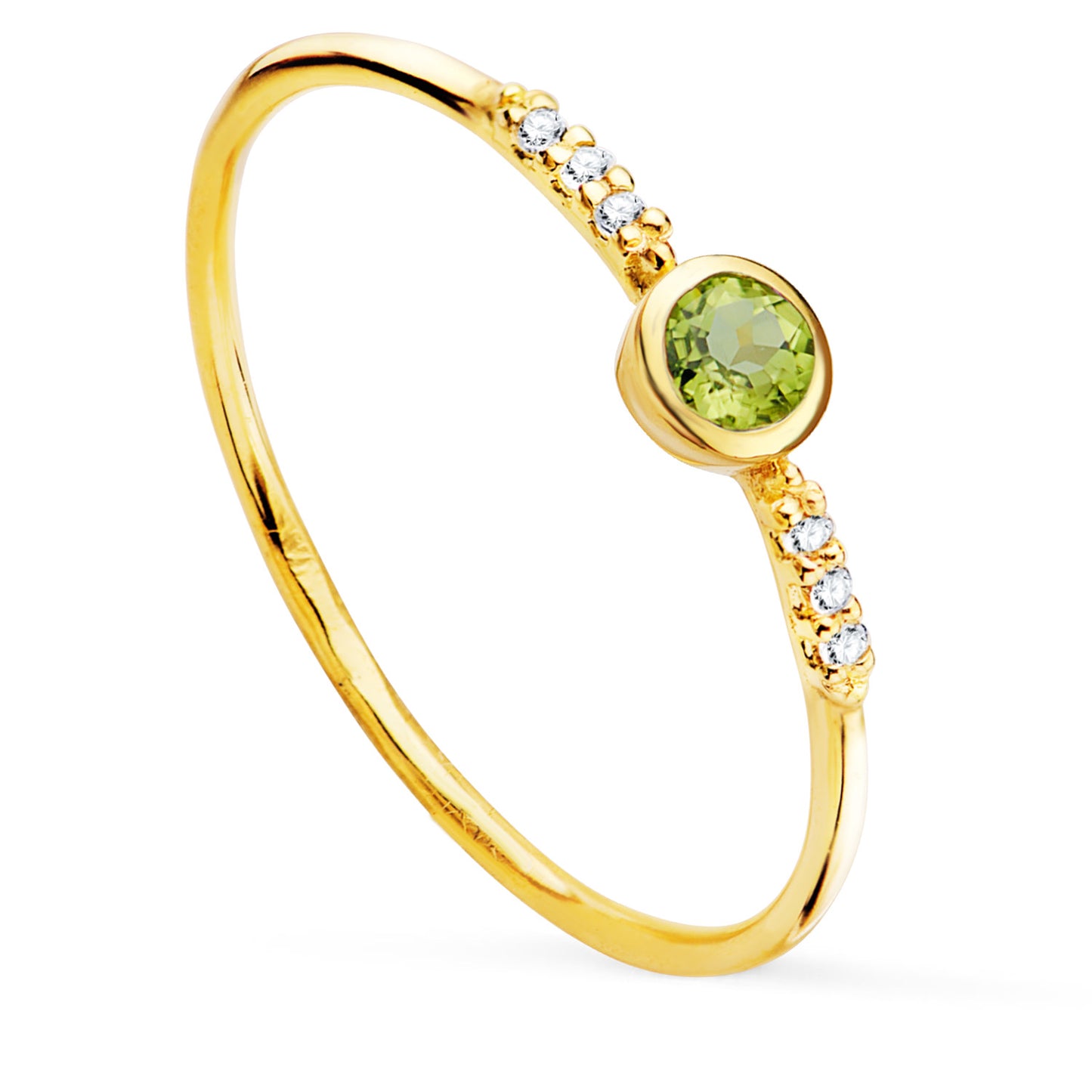18K SORTIJA ORO AMARILLO 6 DIAMANTES 0.030 QTS. G-VS2. OLIVINA 3 MM
