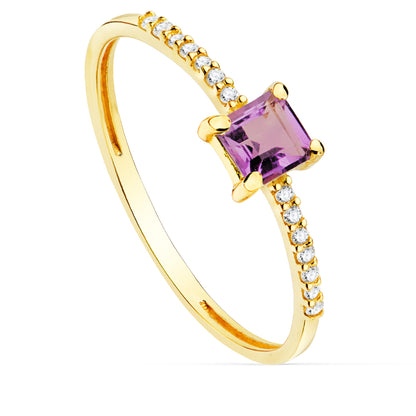 18K SORTIJA ORO AMARILLO 14 DIAMANTE 0.070 QTS. G-VS2. AMATISTA 4X4 MM CUERPO 1 MM