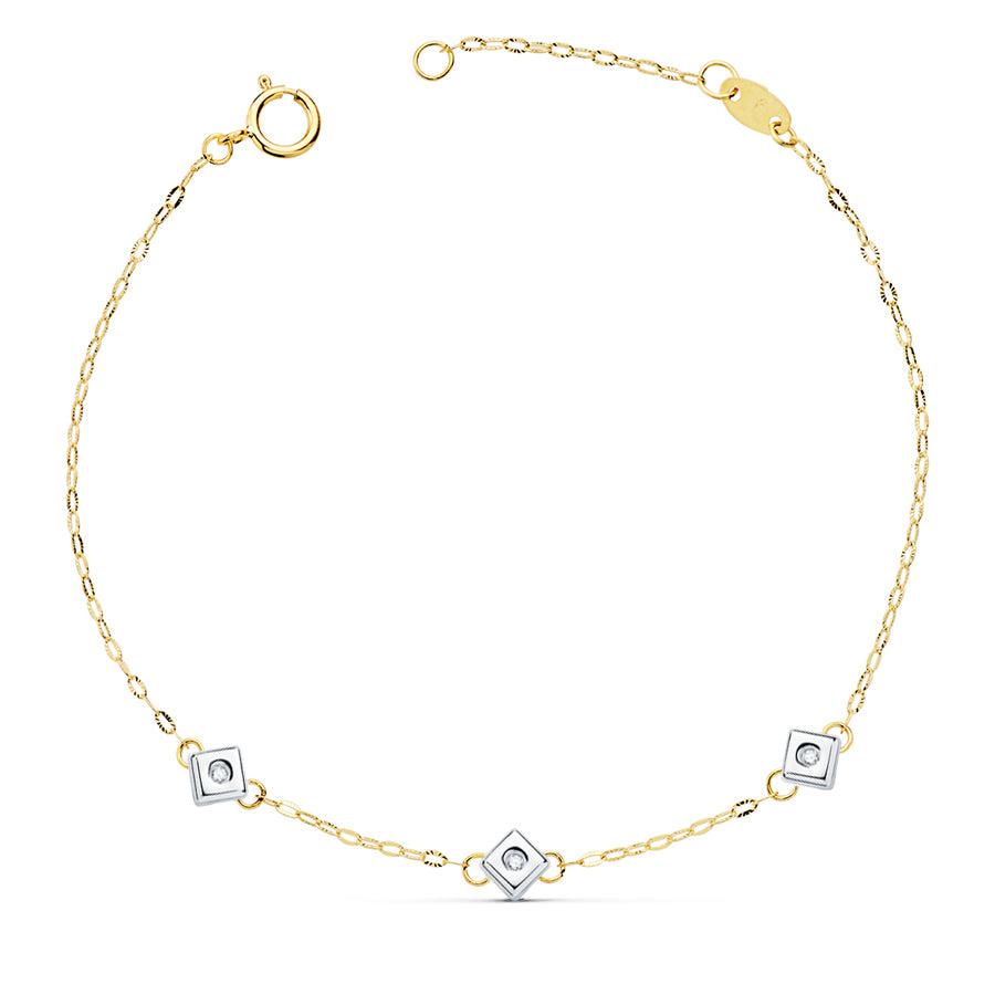 18K PULSERA ORO BICOLOR CHATON DE 3 ROMBOS CON DIAMANTES LABORATORIO 0,045 QTS. VS2-G. LARGO: 17CM