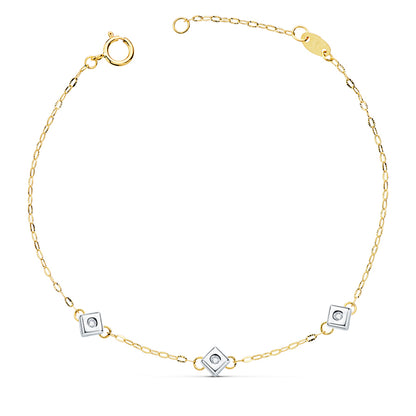 18K PULSERA ORO BICOLOR CHATON DE 3 ROMBOS CON DIAMANTES LABORATORIO 0,045 QTS. VS2-G. LARGO: 17CM