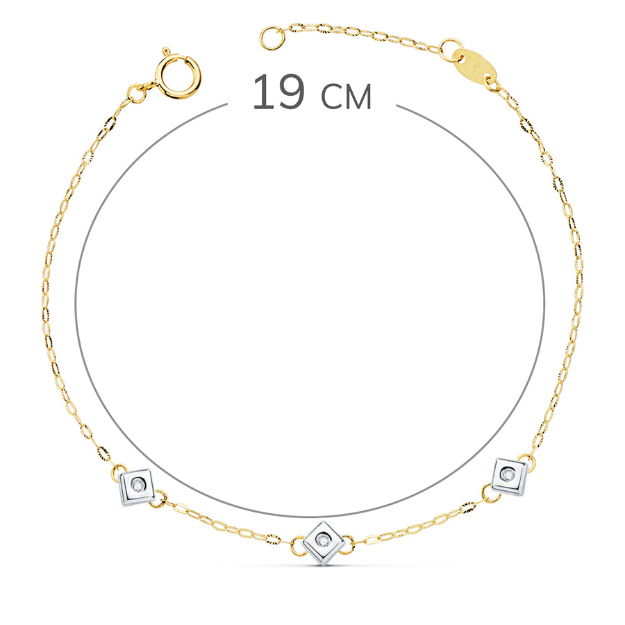 18K PULSERA ORO BICOLOR CHATON DE 3 ROMBOS CON DIAMANTES LABORATORIO 0,045 QTS. VS2-G. LARGO: 17CM