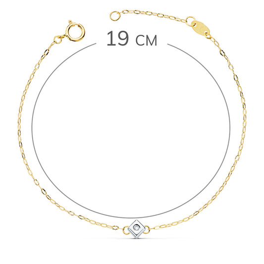 18K PULSERA ORO BICOLOR CHATON DE ROMBO CON DIAMANTE LABORATORIO VS2-G 0,015 QTS. LARGO: 19CM