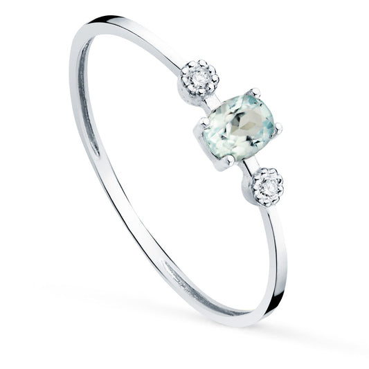 18K SORTIJA ORO BLANCO Y DIAMANTES 0.016 QTS. G-VS2 AGUAMARINA 4X3MMCUERPO 1 MM