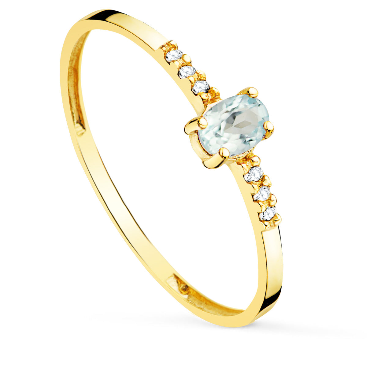 18K SORTIJA ORO AMARILLO DIAMANTE 0.030 QT OVAL AGUAMARINA NATURAL 4 X 3 MM CUERPO 1.30 MM