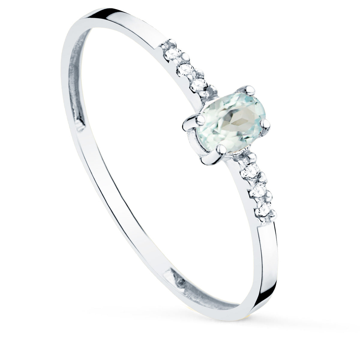 18K SORTIJA DIAMANTE ORO BLANCO 0.030 QT OVAL AGUAMARINA NATURAL 4 X 3 MM CUERPO 1.30 MM