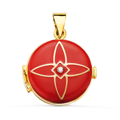18K GUARDAPELO DIJE PORTAFOTOS COLGANTE ORO AMARILLO GUARDAPELO DIJE REDONDO ESMALTE ROJO DIAMANTE 0.035 QTES. 21 MM
