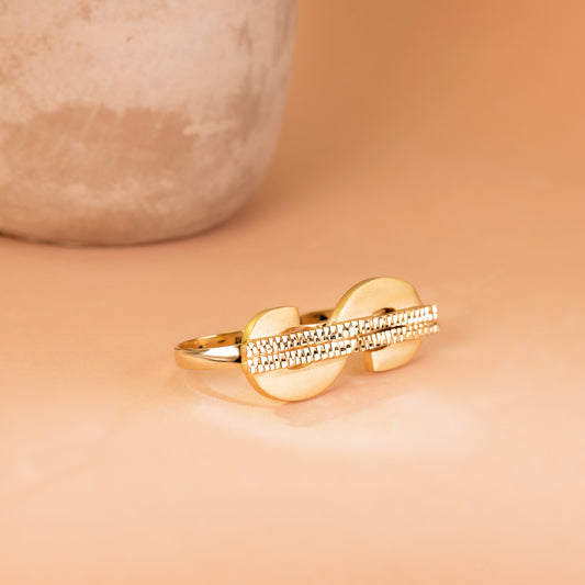 18K SELLO ORO AMARILLO SIMBOLO DOLAR TALLADO DOS CUERPOS 50X17 MM