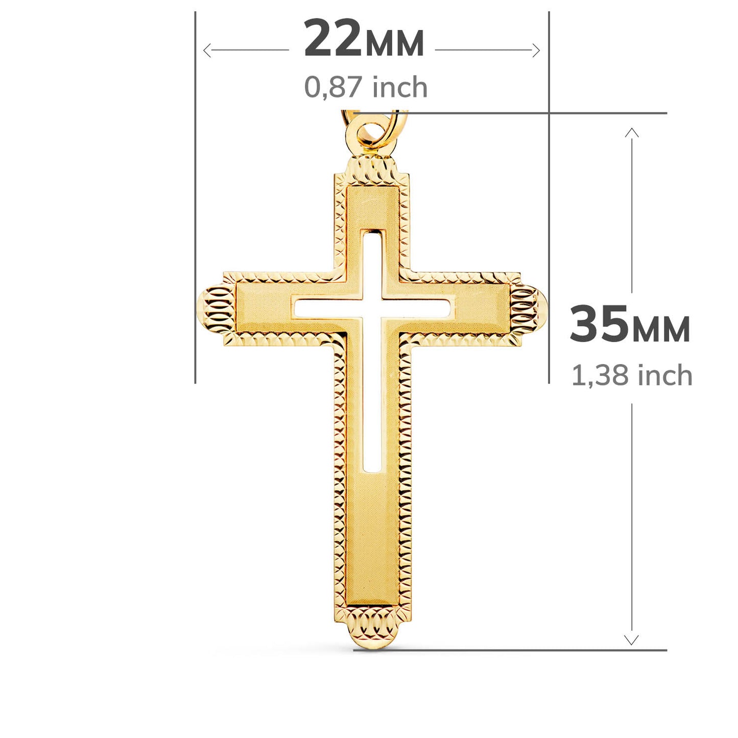 18K CRUZ ORO AMARILLO SIN CRISTO TALLADA Y MATIZADA 35X22 MM