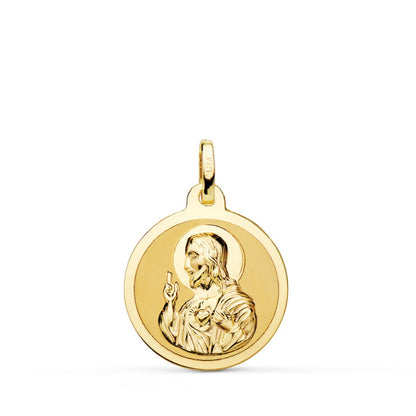 18K MEDALLA ORO AMARILLO SAGRADO CORAZON DE JESUS MATE Y BRILLO 18 MM