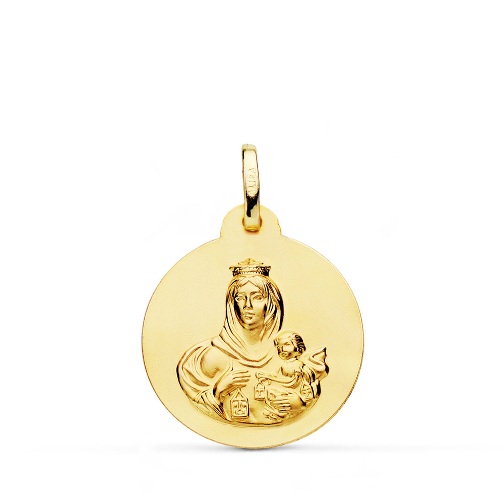 18K ESCAPULARIO ORO AMARILLO LISO VIRGEN DEL CARMEN CORAZON DE JESUS 20 MM