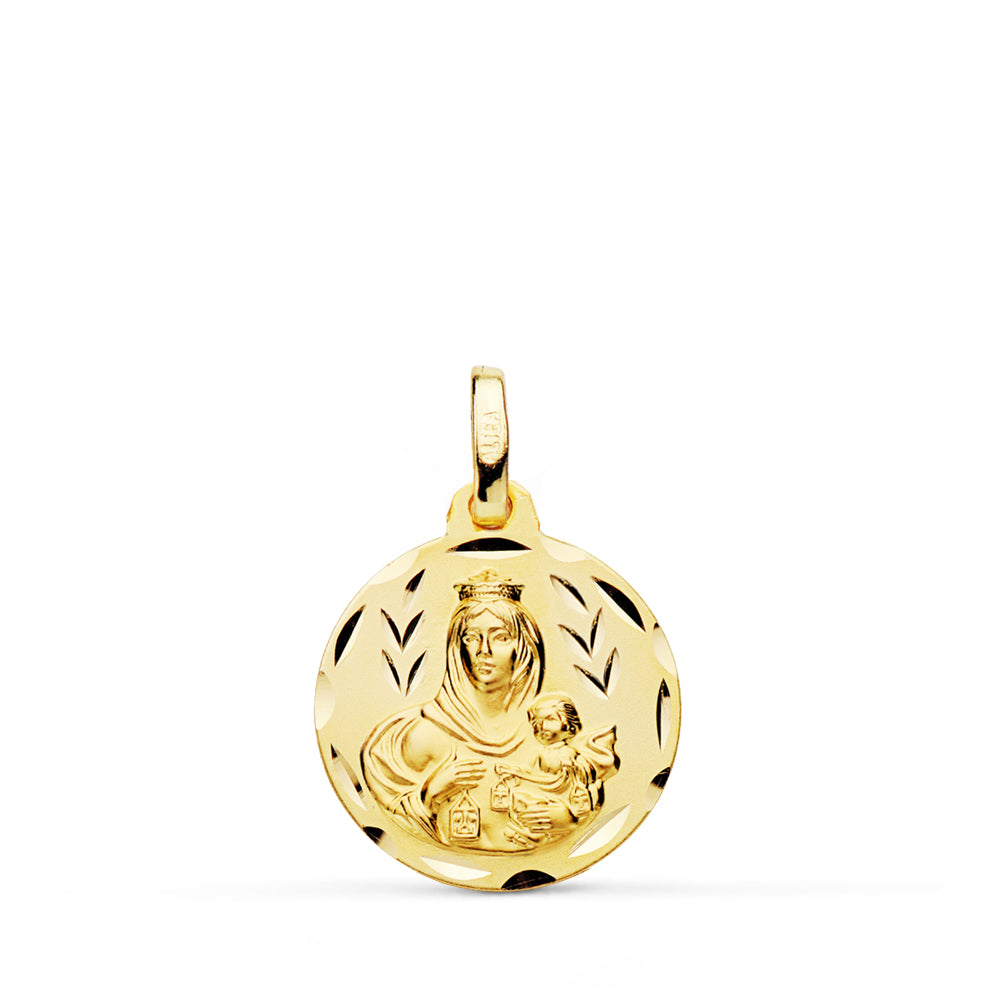9K ESCAPULARIO ORO AMARILLO TALLADO VIRGEN DEL CARMEN CORAZON DE JESUS 16 MM