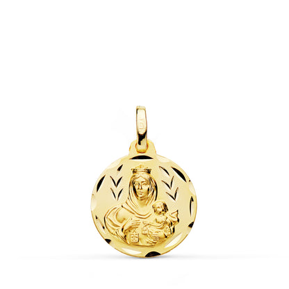 9K ESCAPULARIO ORO AMARILLO TALLADO VIRGEN DEL CARMEN CORAZON DE JESUS 16 MM