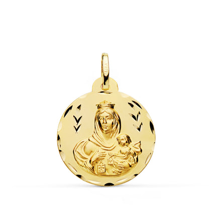 9K ESCAPULARIO ORO AMARILLO TALLADO VIRGEN DEL CARMEN Y CORAZON DE JESUS 22 MM