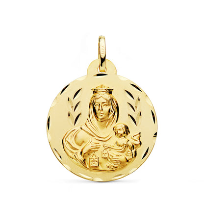 18K ESCAPULARIO ORO AMARILLO TALLADO VIRGEN DEL CARMEN Y CORAZON DE JESUS 26 MM