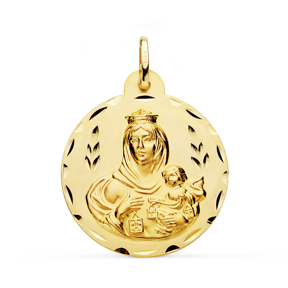 18K ESCAPULARIO ORO AMARILLO TALLADO VIRGEN DEL CARMEN Y CORAZON DE JESUS 28 MM