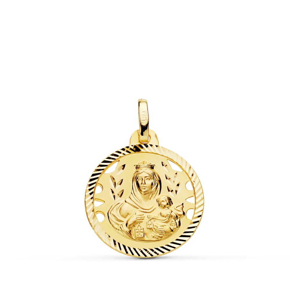 18K ESCAPULARIO ORO AMARILLO HELICE CALADO VIRGEN CARMEN Y CORAZON DE JESUS 18 MM