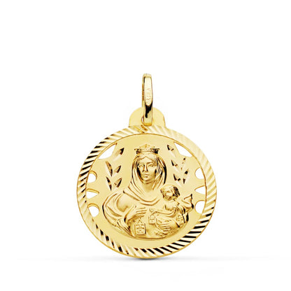 18K ESCAPULARIO ORO AMARILLO HELICE CALADO VIRGEN CARMEN Y CORAZON DE JESUS 22 MM