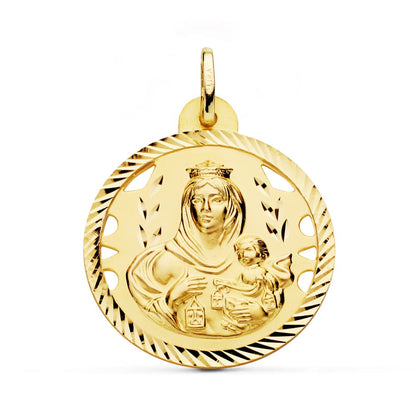 18K ESCAPULARIO ORO AMARILLO HELICE CALADO VIRGEN CARMEN Y CORAZON DE JESUS 28 MM