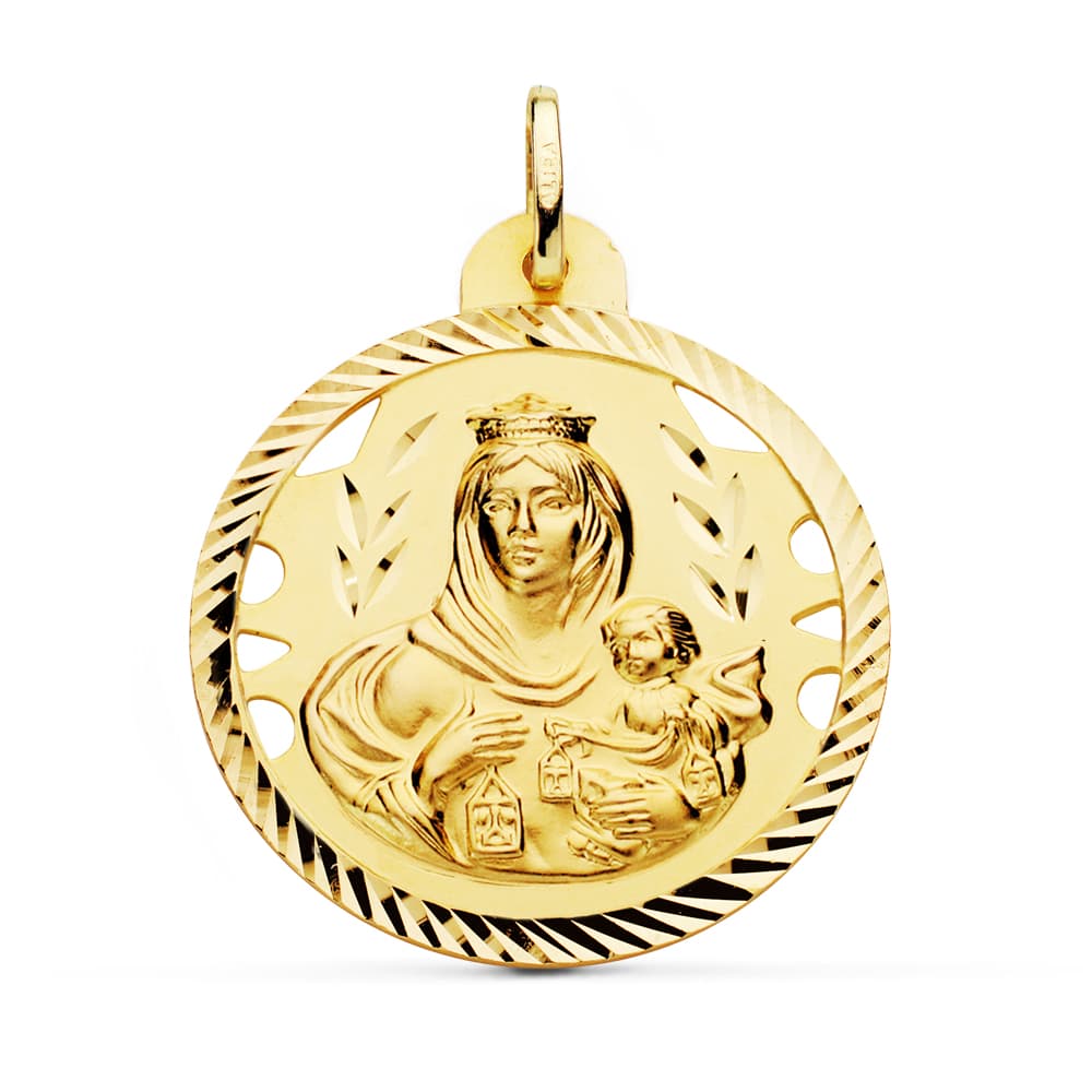 18K ESCAPULARIO ORO AMARILLO HELICE CALADO VIRGEN CARMEN Y CORAZON DE JESUS 30 MM