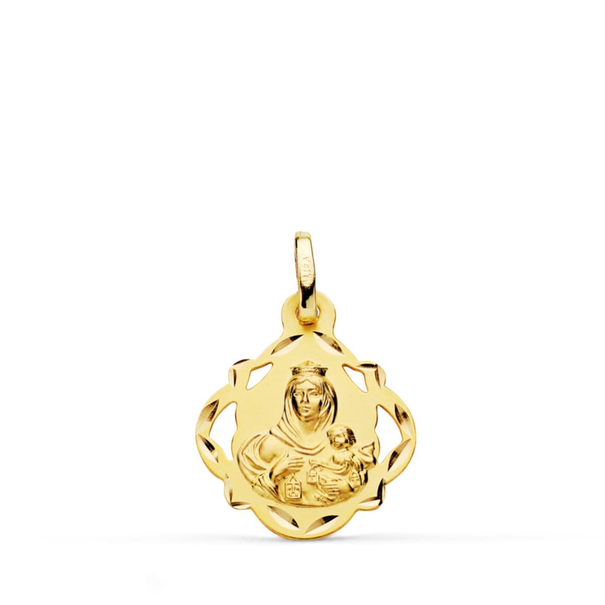18K MEDALLA ORO AMARILLO VIRGEN DEL CARMEN PANDERETA CALADA 16 MM