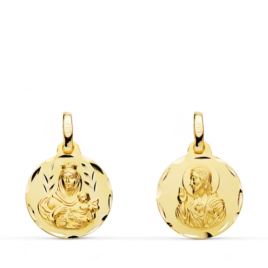 9K ESCAPULARIO ORO AMARILLO TALLADO VIRGEN DEL CARMEN CORAZON DE JESUS 14 MM