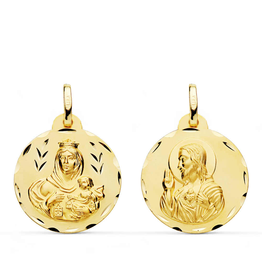 18K ESCAPULARIO ORO AMARILLO TALLADO VIRGEN DEL CARMEN CORAZON DE JESUS 20 MM