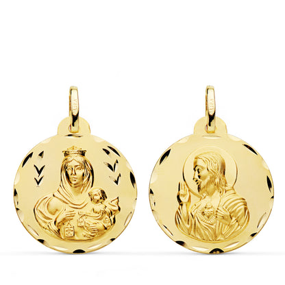 9K ESCAPULARIO ORO AMARILLO TALLADO VIRGEN DEL CARMEN Y CORAZON DE JESUS 22 MM