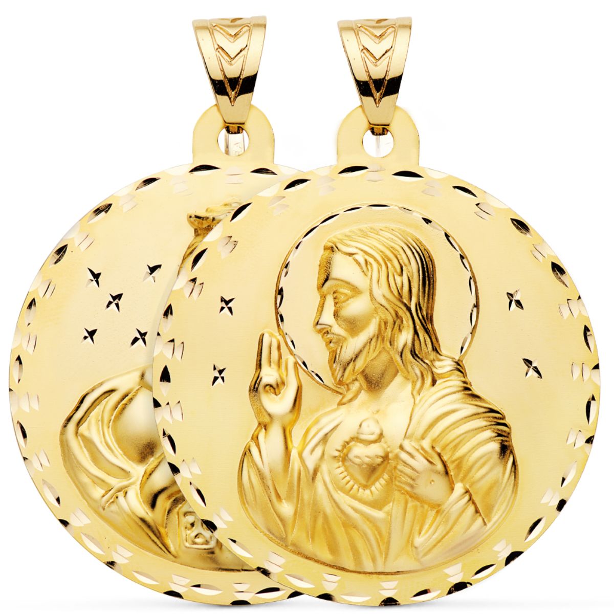 18K MEDALLA ORO AMARILLO ESCAPULARIO ORO AMARILLO TALLADO VIRGEN DEL CARMEN Y CORAZON DE JESUS 55 MM