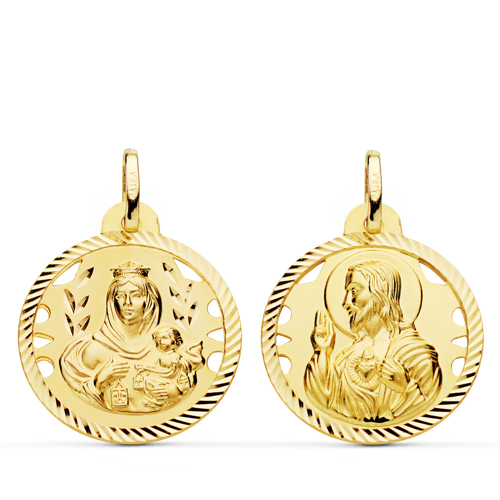 18K ESCAPULARIO ORO AMARILLO HELICE CALADO VIRGEN CARMEN Y CORAZON DE JESUS 22 MM