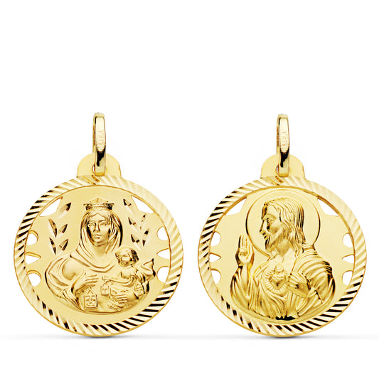 18K ESCAPULARIO ORO AMARILLO HELICE CALADO VIRGEN CARMEN Y CORAZON DE JESUS 22 MM