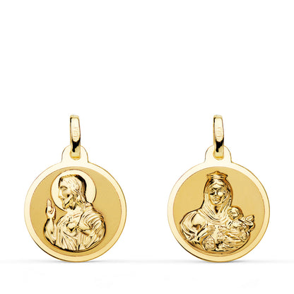 9K ESCAPULARIO ORO AMARILLO ORO AMARILLO BRILLO VIRGEN DEL CARMEN Y CORAZON DE JESUS 16 MM