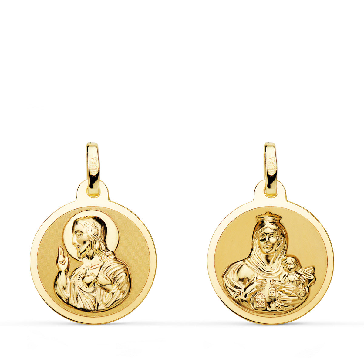 18K ESCAPULARIO ORO AMARILLO ORO AMARILLO BRILLO VIRGEN DEL CARMEN Y CORAZON DE JESUS 16 MM